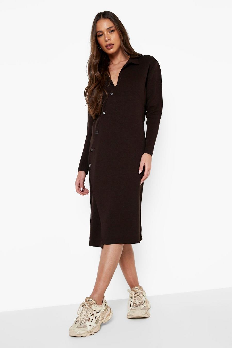 Chocolate Asymmetric Button Knitted Midi Dress image number 1