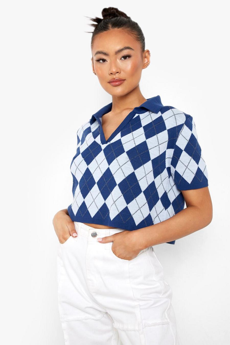Blue Argyle Check Polo Collar Crop Knit image number 1
