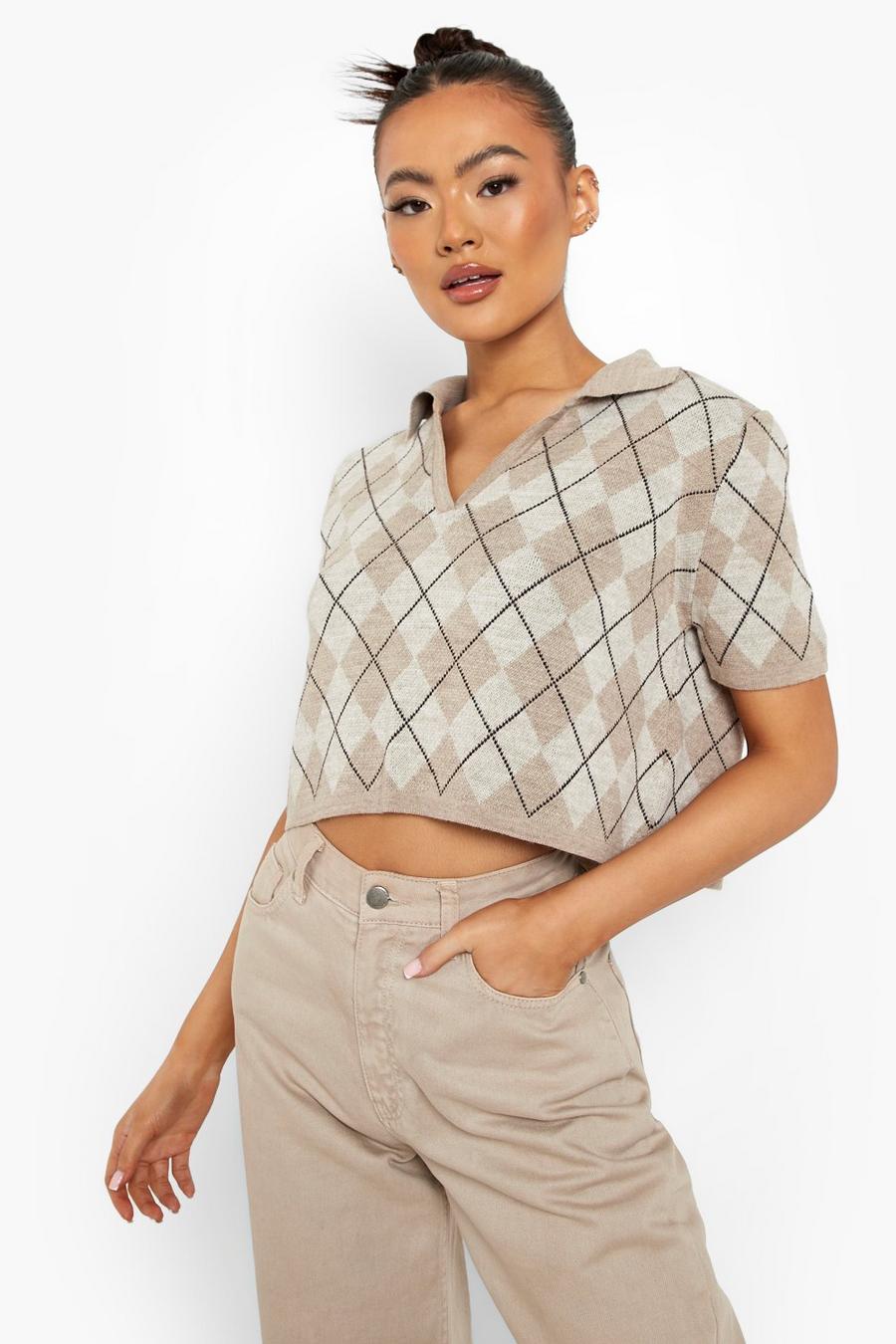 Stone Argyle Check Polo Collar Crop Knit image number 1