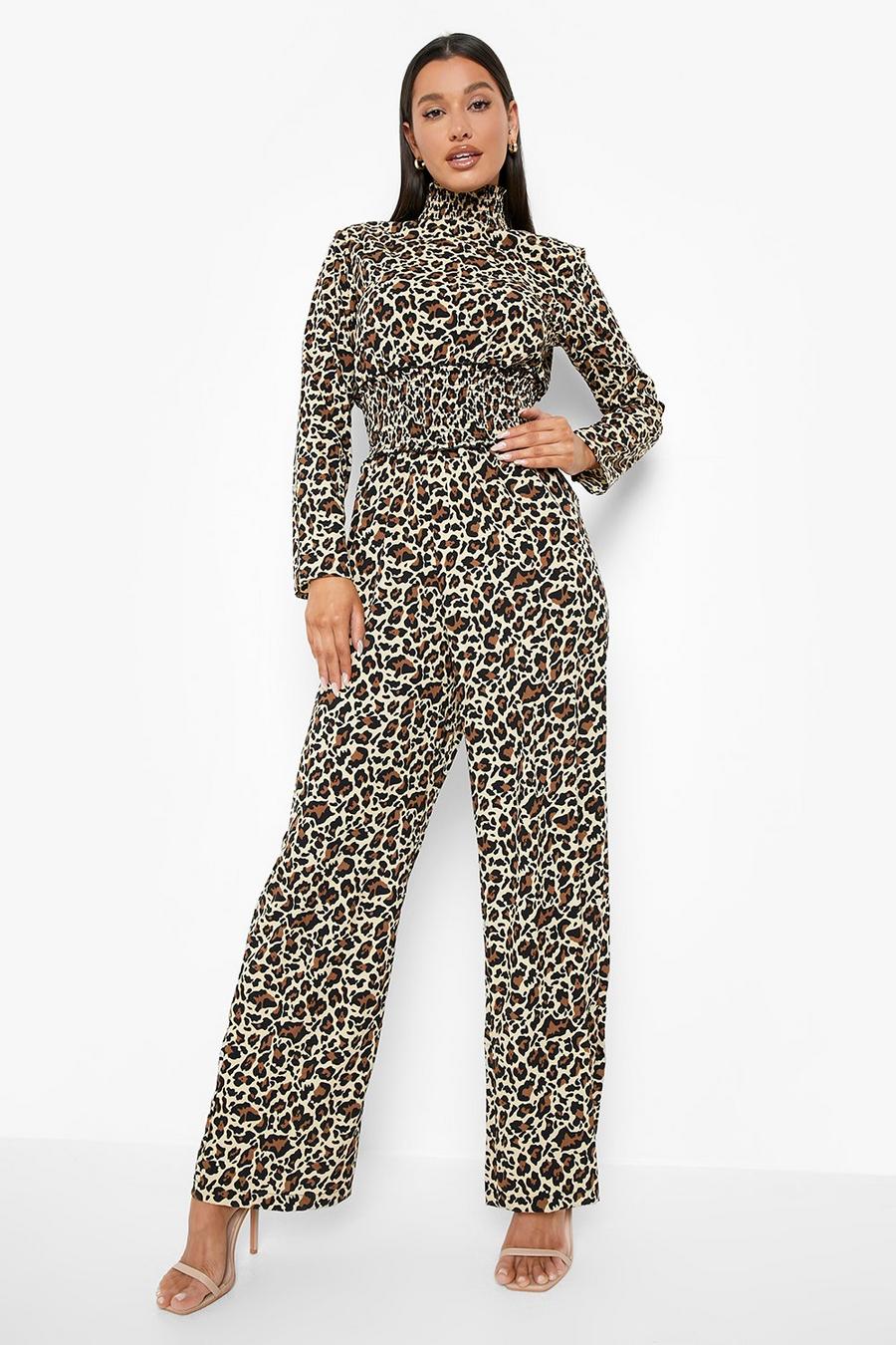 Brown Leopard Shirred Wide Leg Jumpsuit