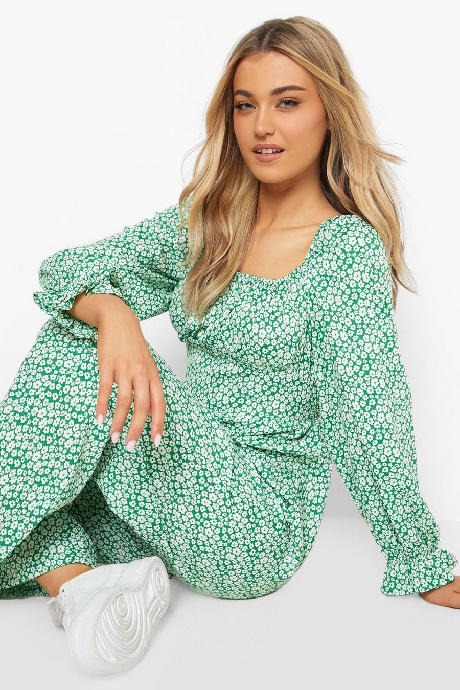Green Ditsy Floral Puff Sleeve Wide Leg Jumpsuit image number 1