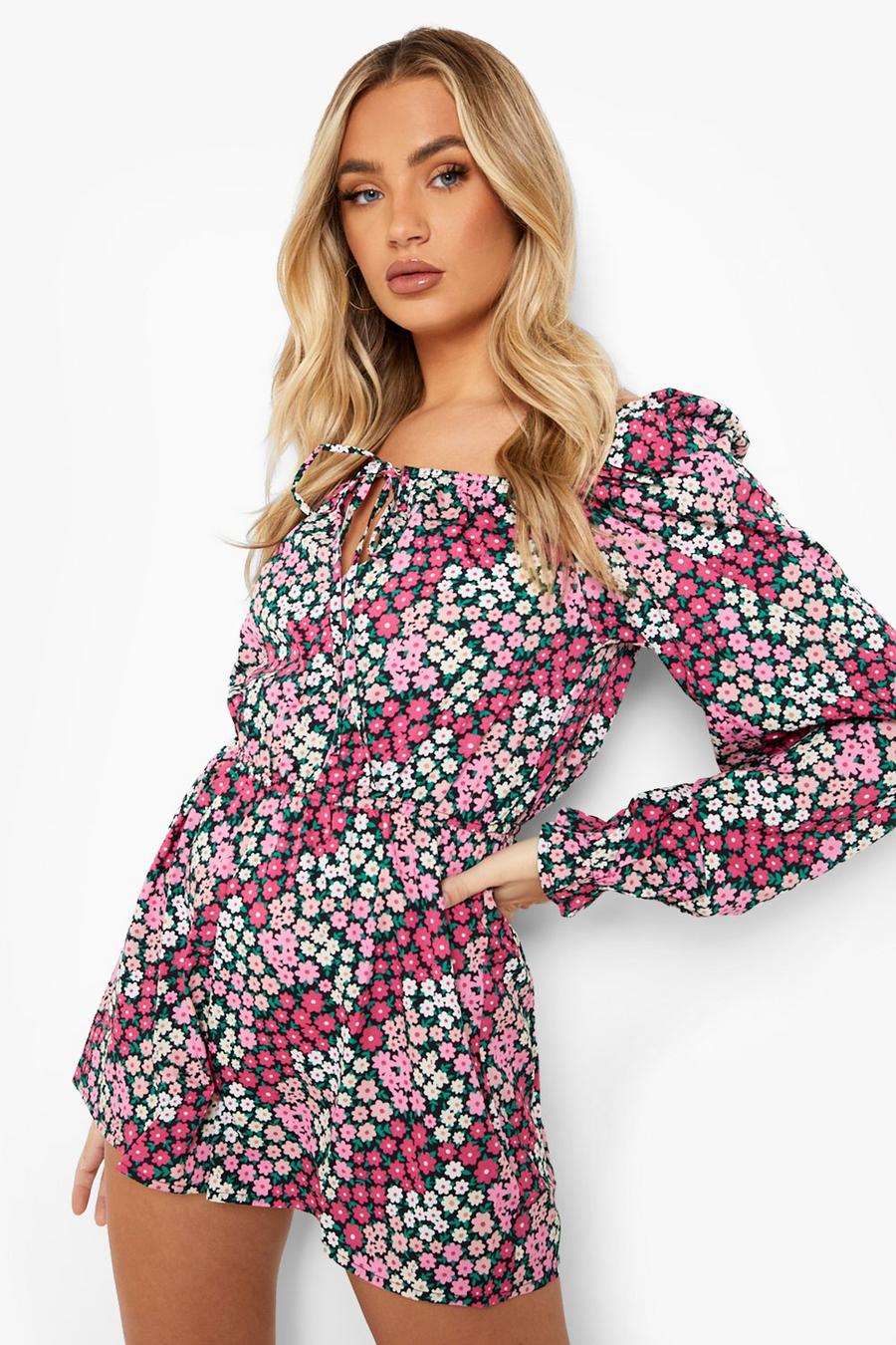 Pink Mixed Floral Tie Bust Playsuit image number 1