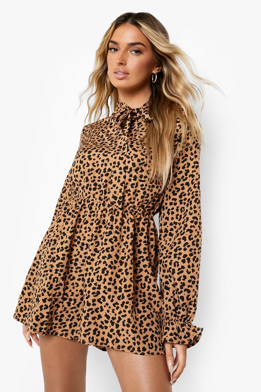 Chocolate Animal Print Pussybow Playsuit image number 1