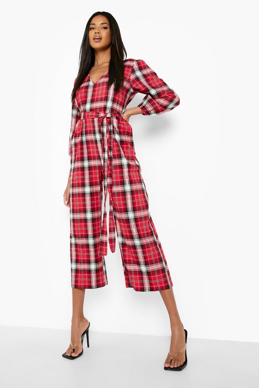 Red Check Puff Sleeve Culotte Jumpsuit image number 1