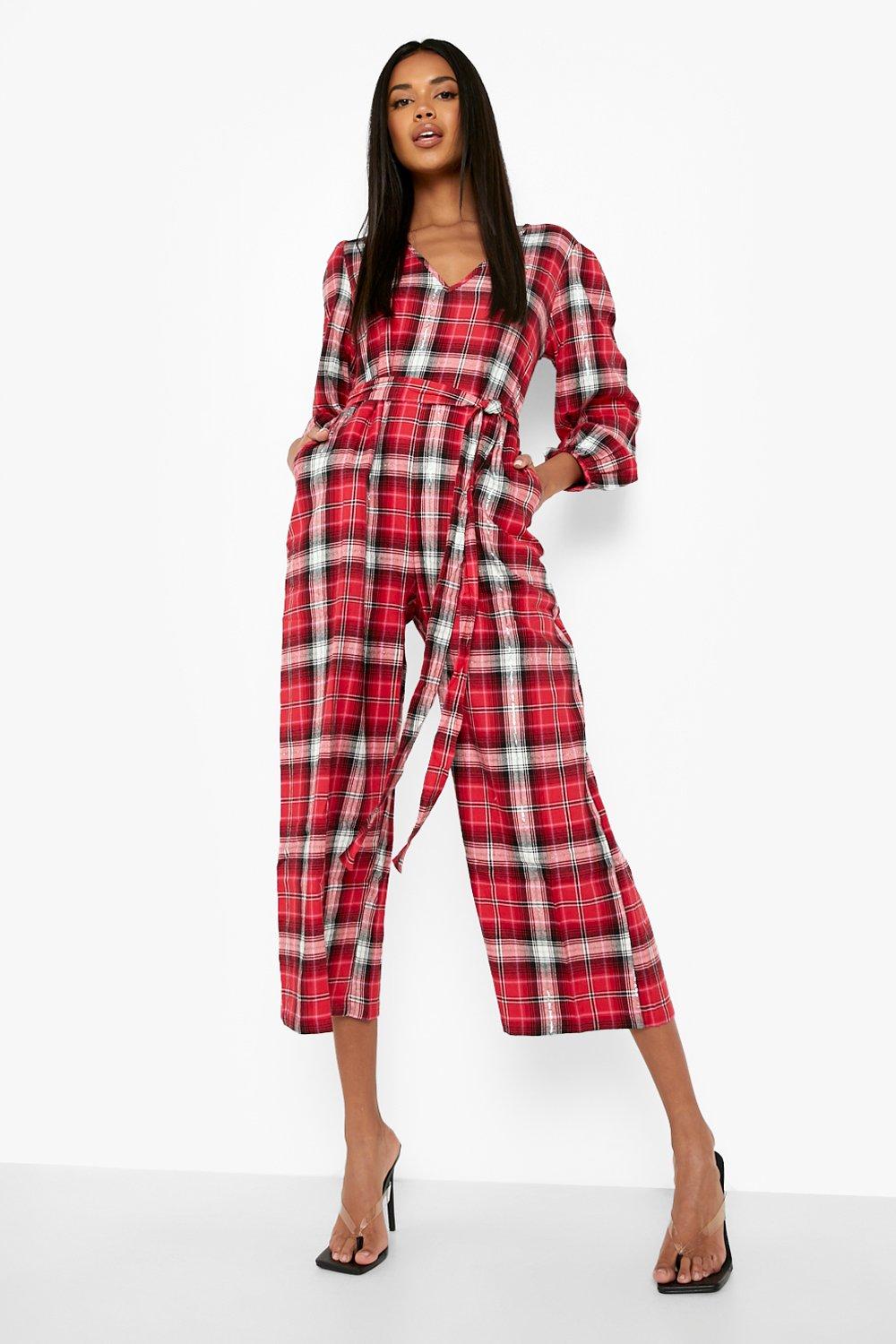 Combinaison jupe culotte a carreaux et manches bouffantes boohoo FR