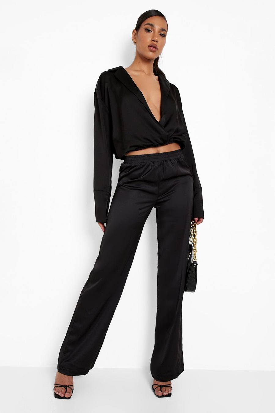 Black Satin Luxe Wide Leg Track Pants image number 1