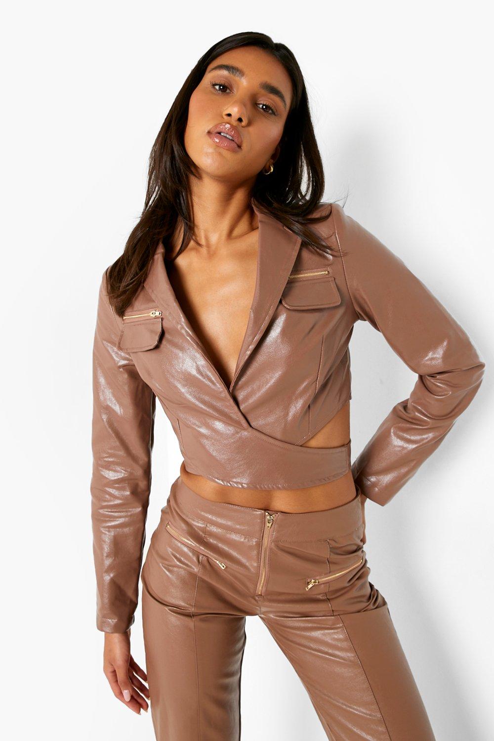 Brown Leather Look Wrap Detail Top