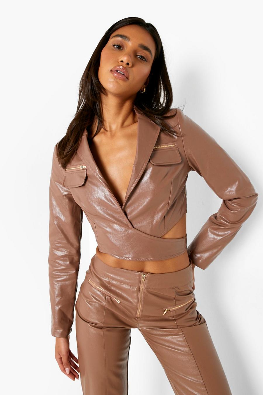 Brown Leather Look Wrap Detail Top image number 1