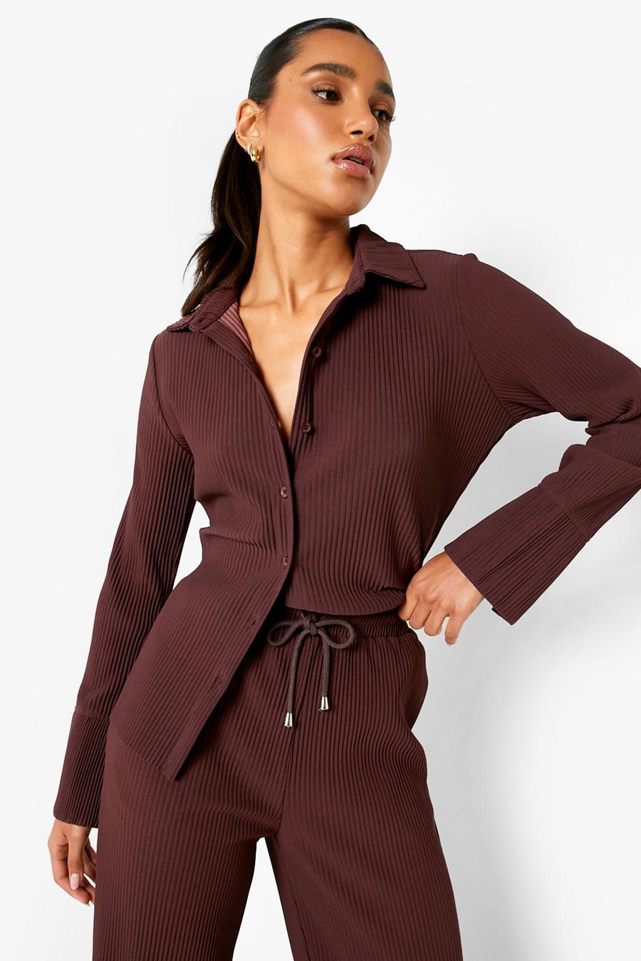 Chocolate Plisse Shirt Co-ord image number 1