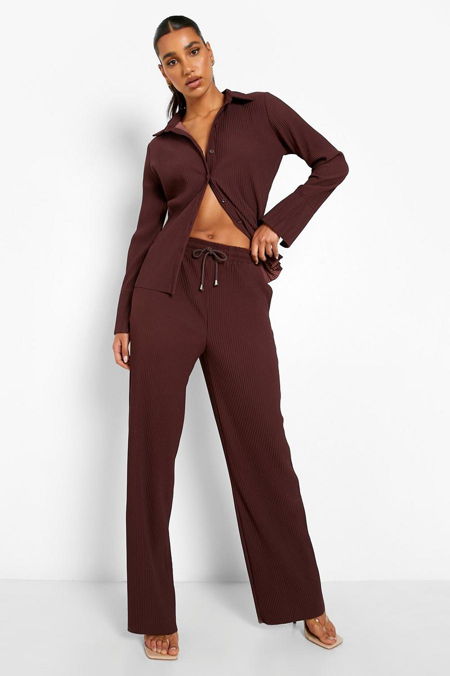 Chocolate Plisse Straight Leg Pants Two-Piece image number 1
