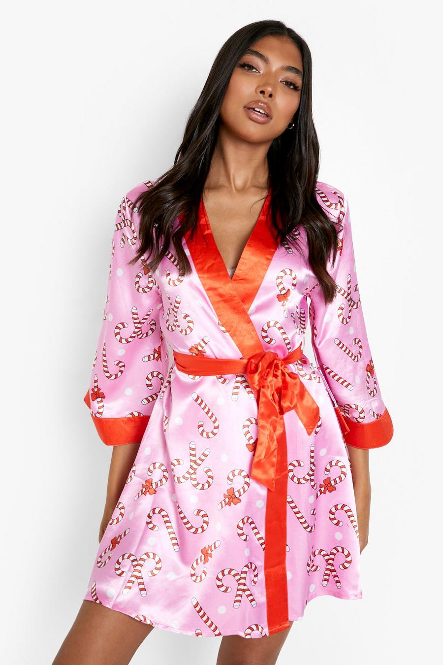 Pink Tall Candy Cane Print Satin Dressing Gown image number 1