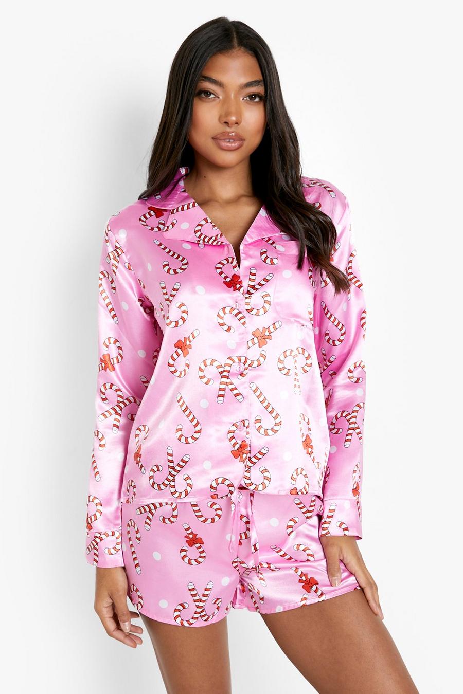 Pijama Tall con estampado de bastones de caramelo, Pink image number 1