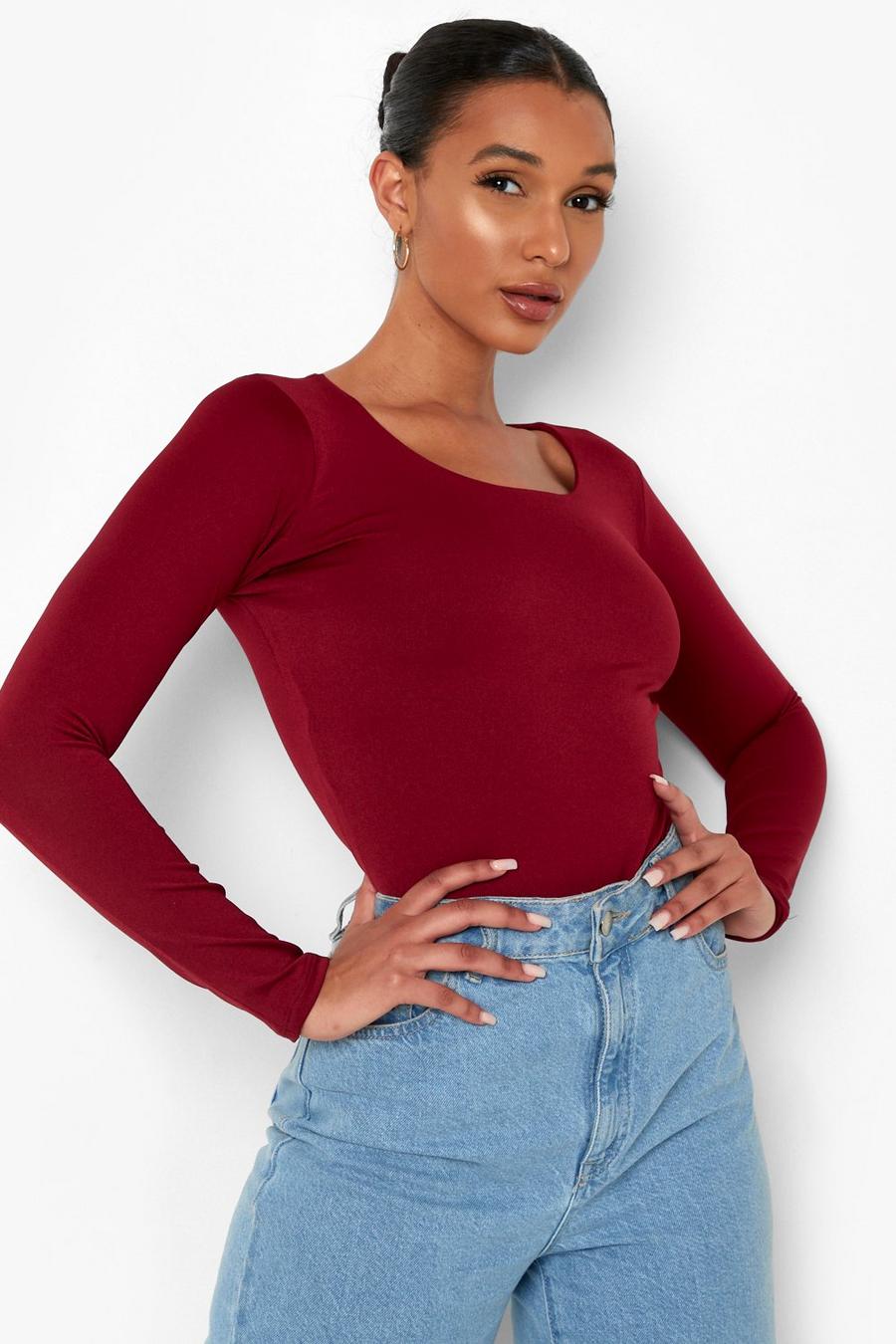 Berry red Double Layer Plunge Bodysuit image number 1