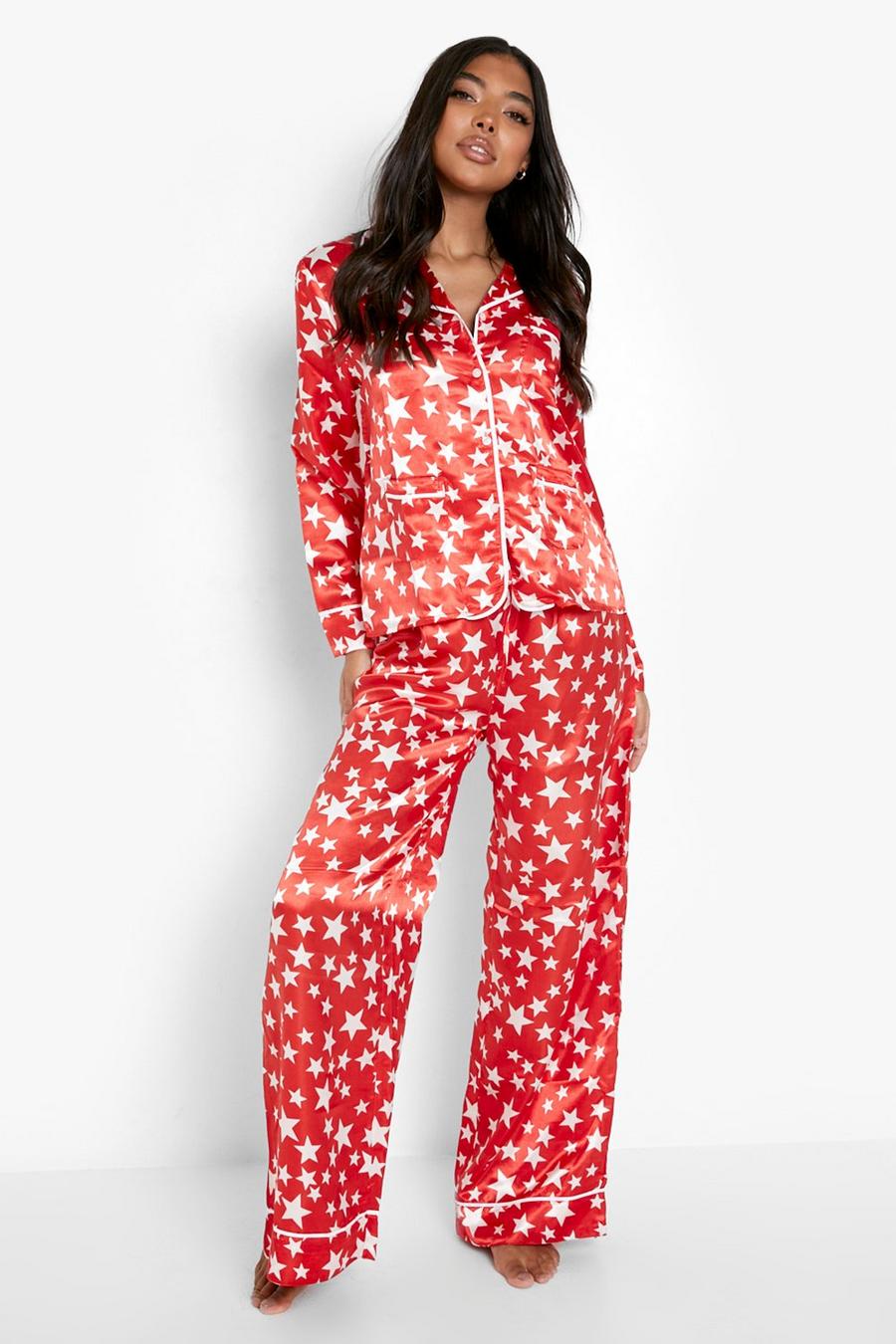 Red Tall Christmas Star Print Pajama Set image number 1