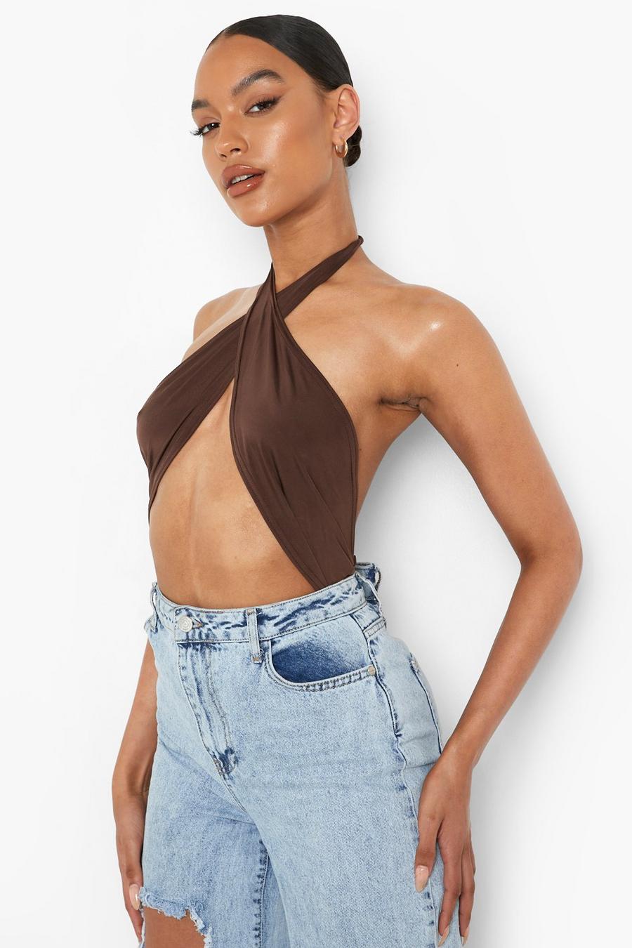 Chocolate Halter Cut Out Bodysuit image number 1