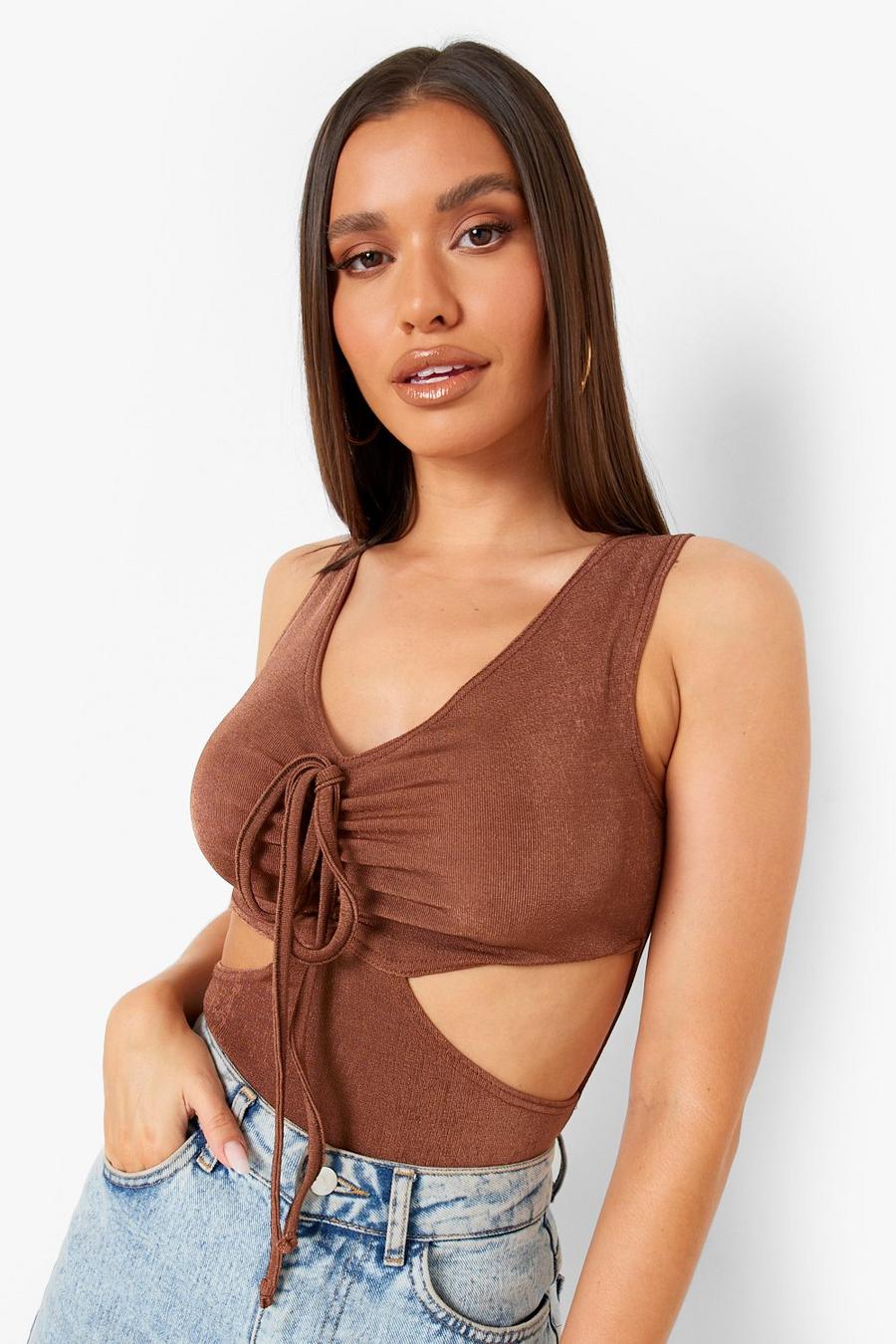 Chocolate Ruched Front Cut Out Slinky Bodysuit image number 1