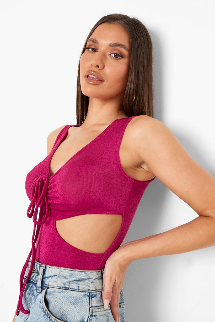 Pink Ruched Front Cut Out Slinky Bodysuit image number 1