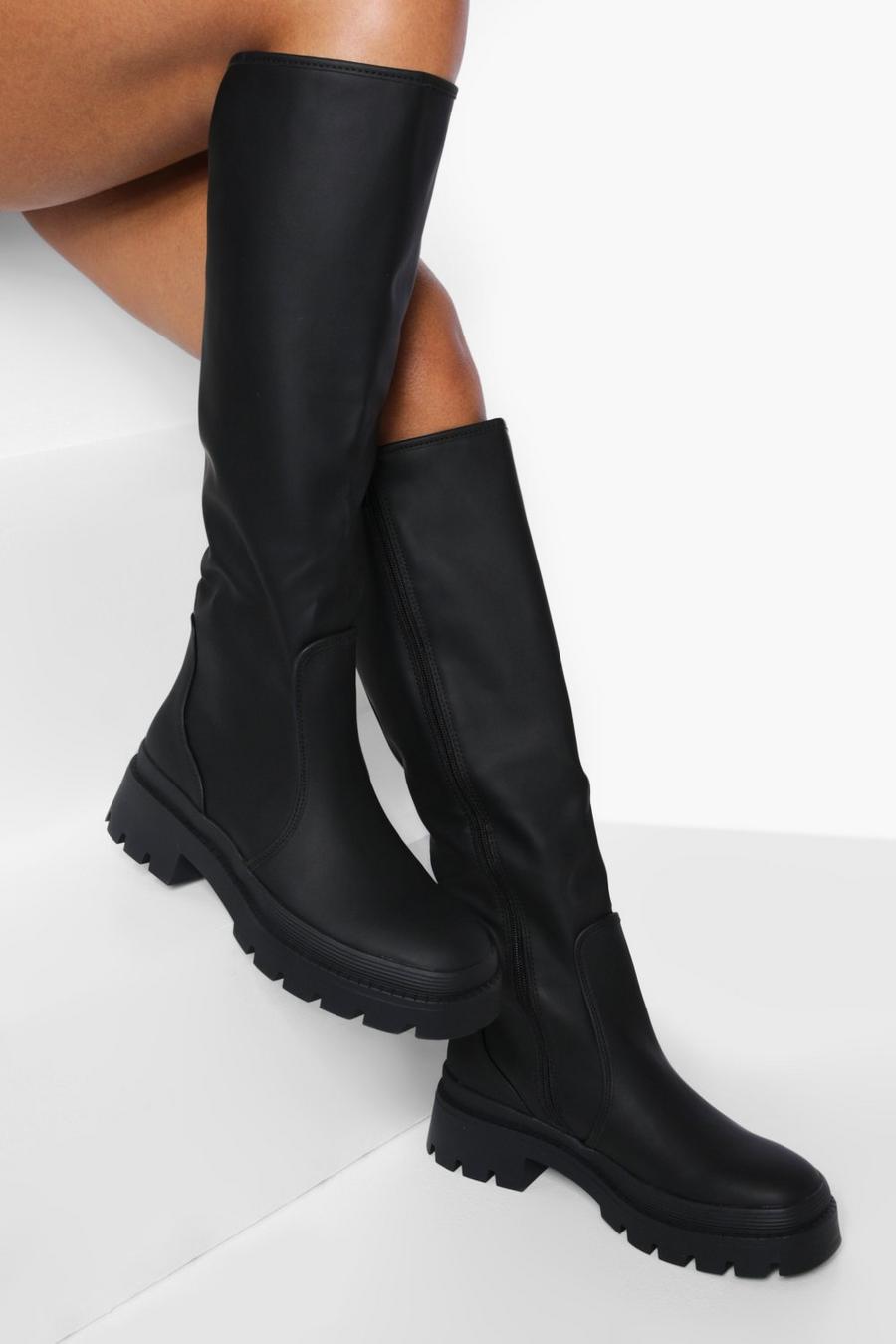Black svart Rubber Knee High Boots