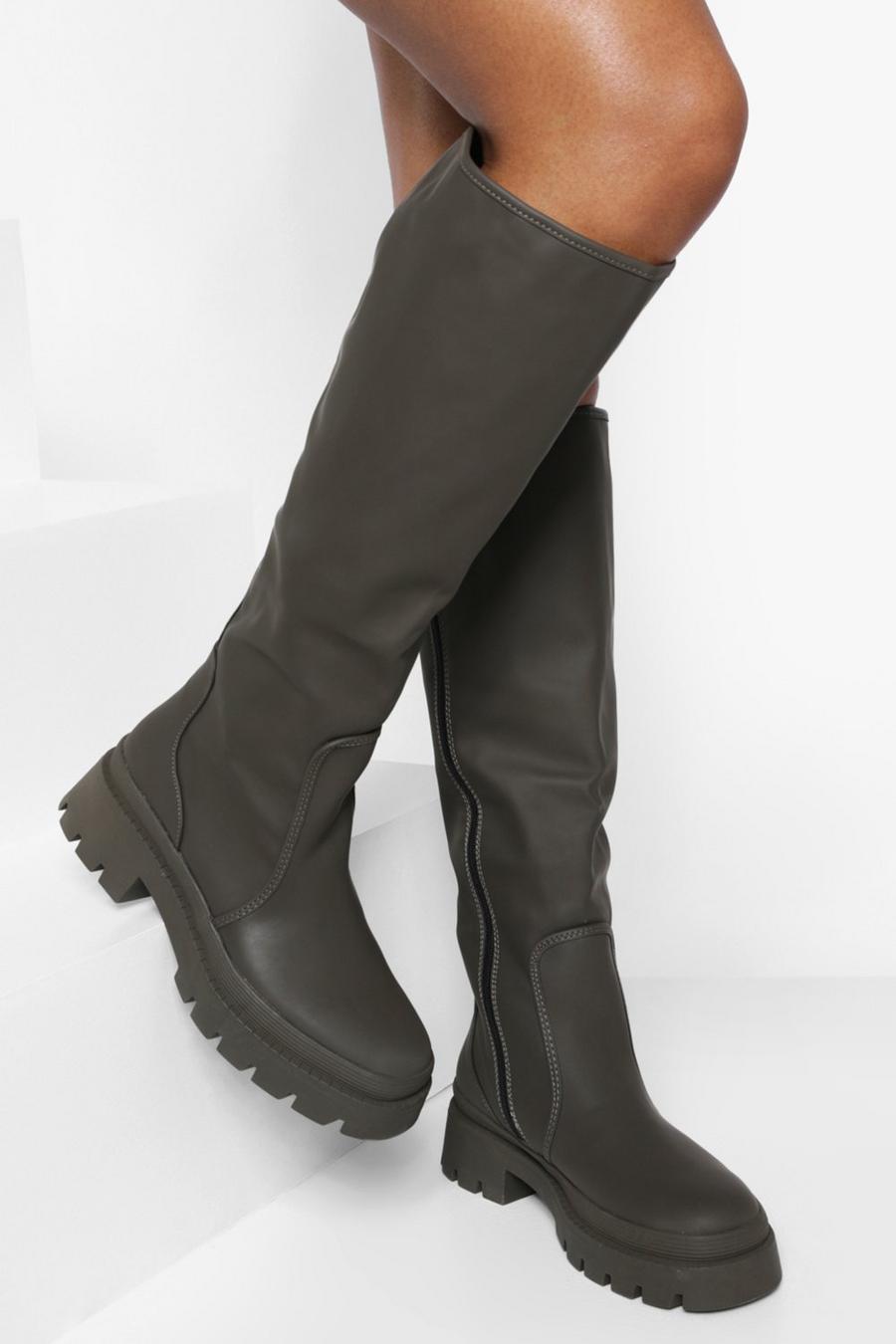 Khaki Rubber Knee High Boots image number 1