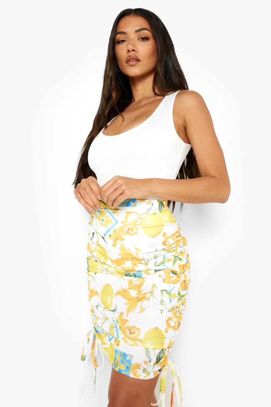 Falda con lateral fruncido y estampado de limones, Blanco image number 1