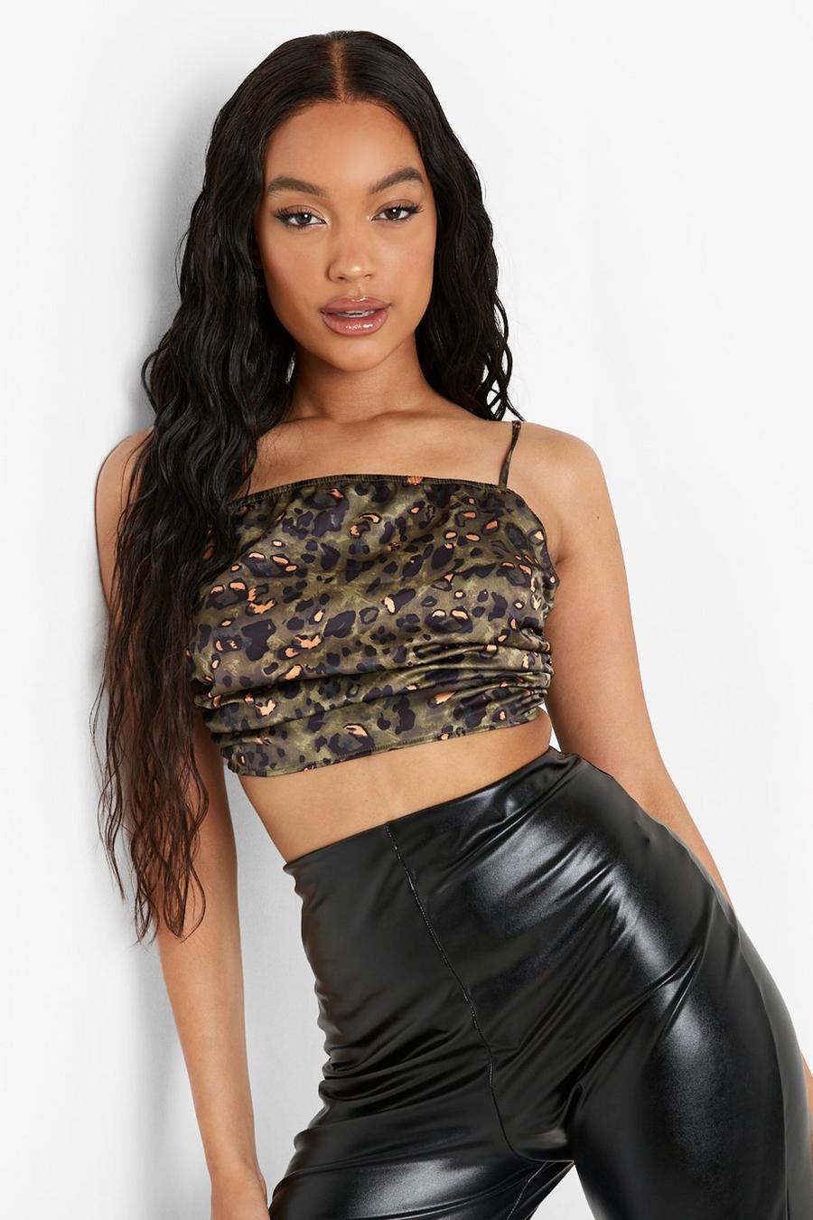 Khaki Leopard Satin Ruched Cropped Cami image number 1