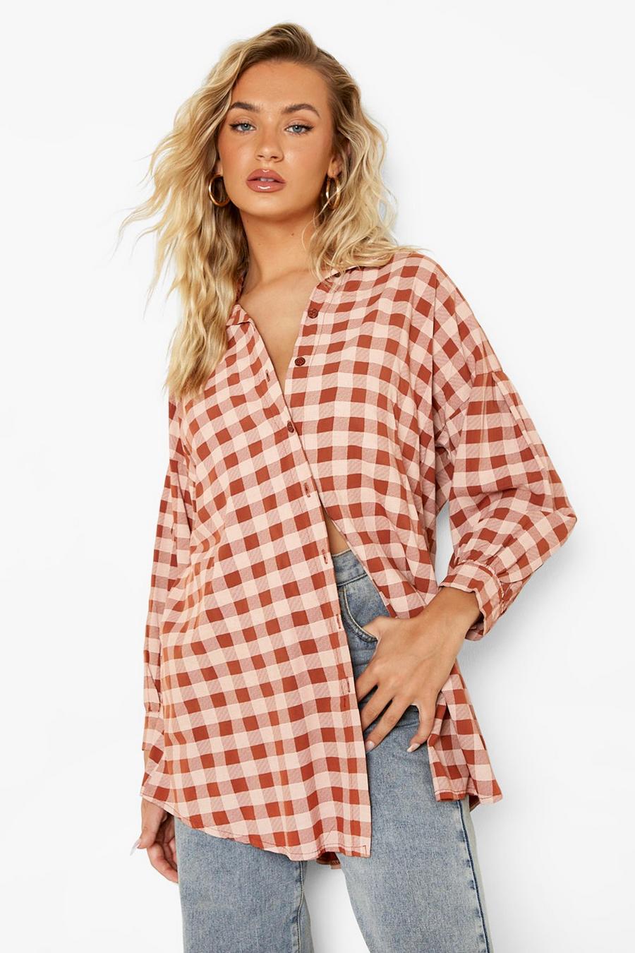 Rust Oversized Gingham Textured Shirt image number 1