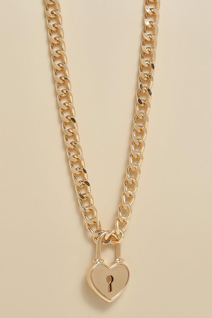 Collier en métal avec chaîne épaisse et pendentif cadenas, Gold image number 1