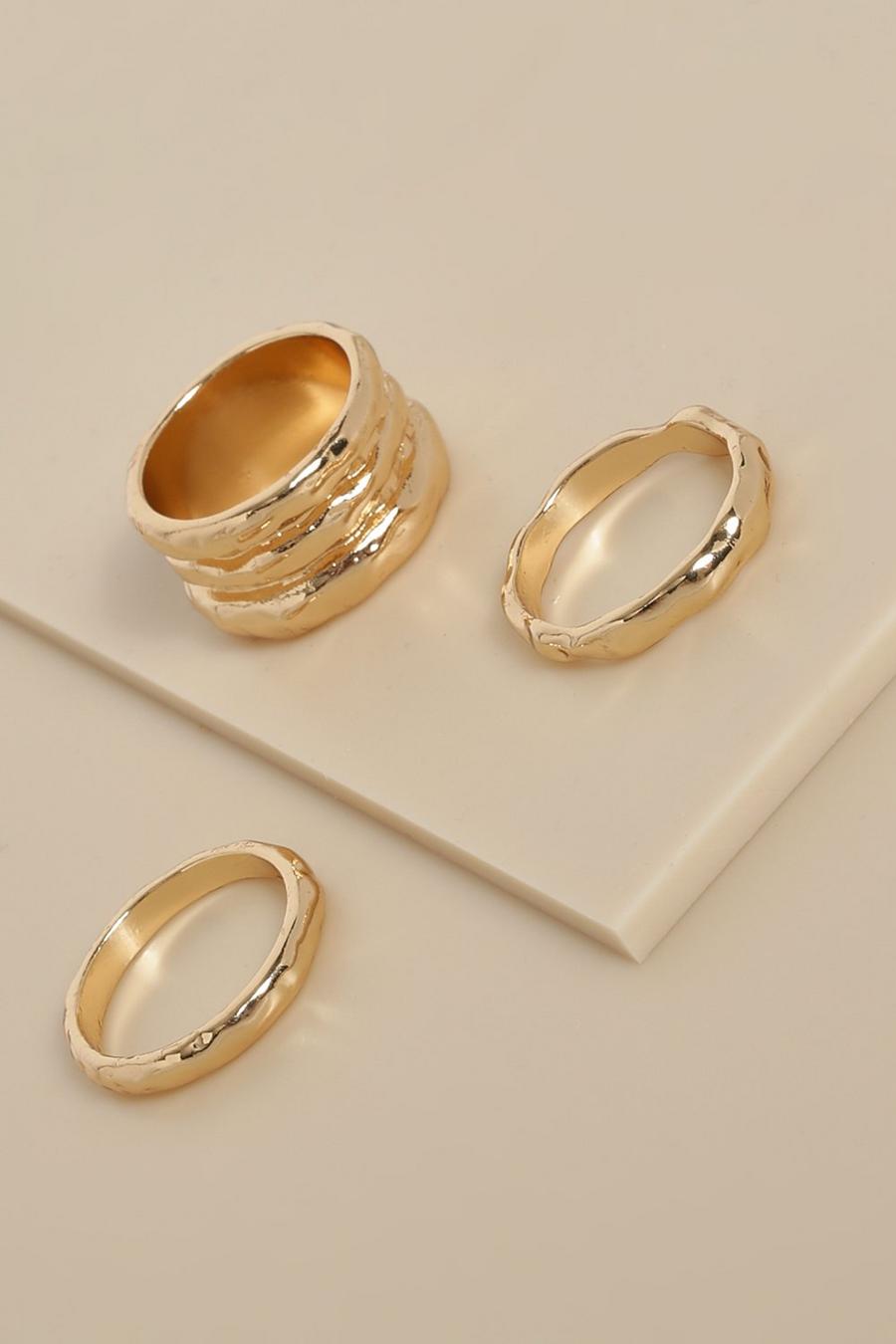 Pack de anillos gruesos texturizados, Gold image number 1