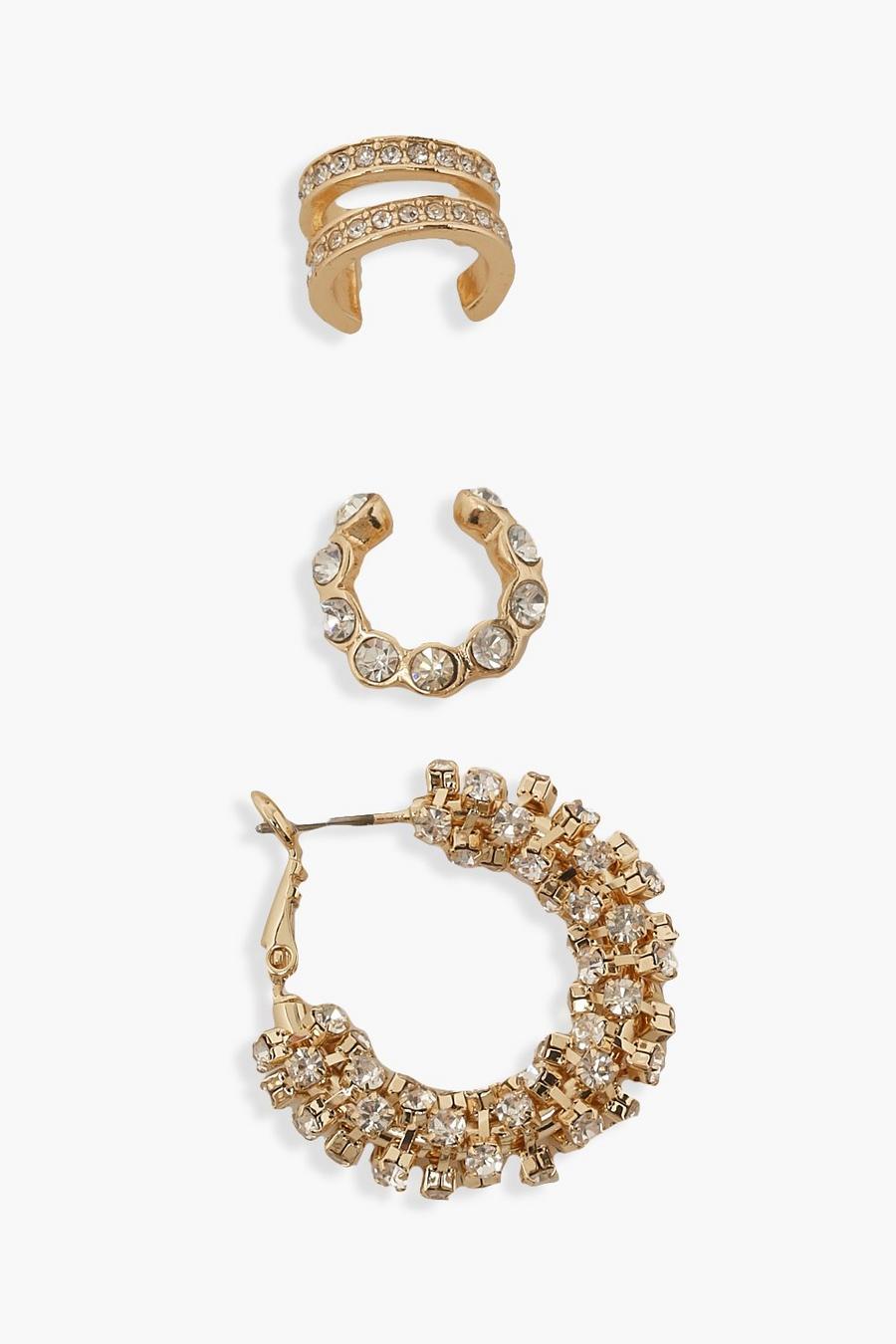 Gold Creolörhängen och ear cuffs med strass image number 1