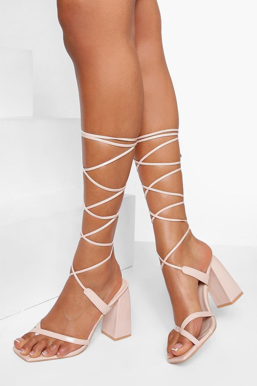 Nude Wide Fit Patent Cross Strap Up Block Heels image number 1
