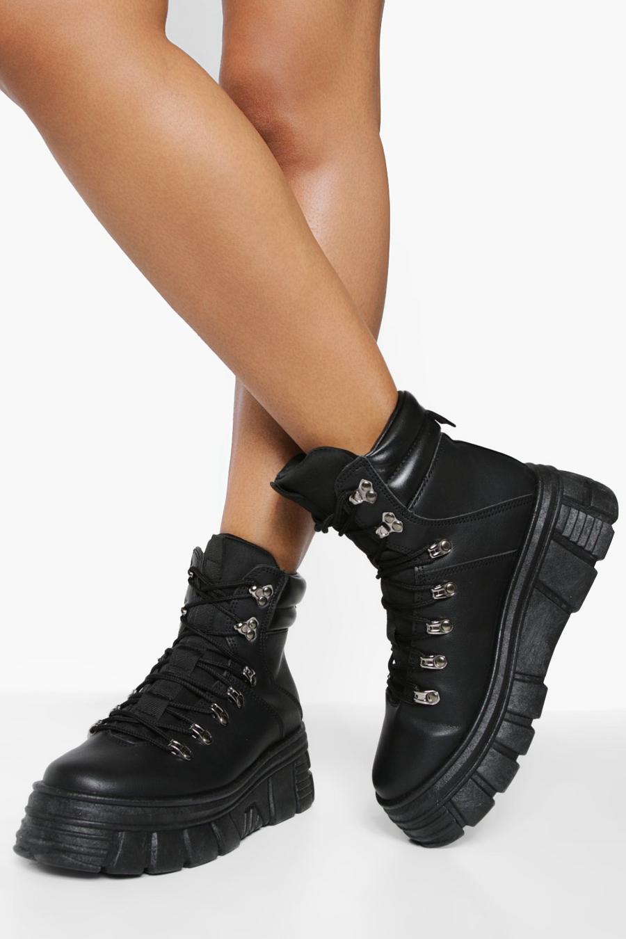 Black Hardware Detail Chunky Combat Boots image number 1
