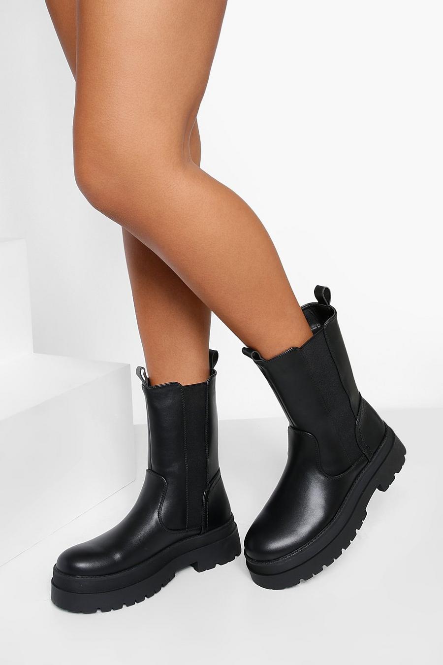 Black Chunky High Ankle Chelsea Boots