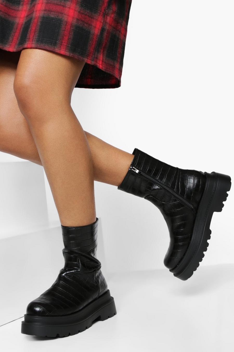 Black Chunky High Ankle Sock Boots image number 1