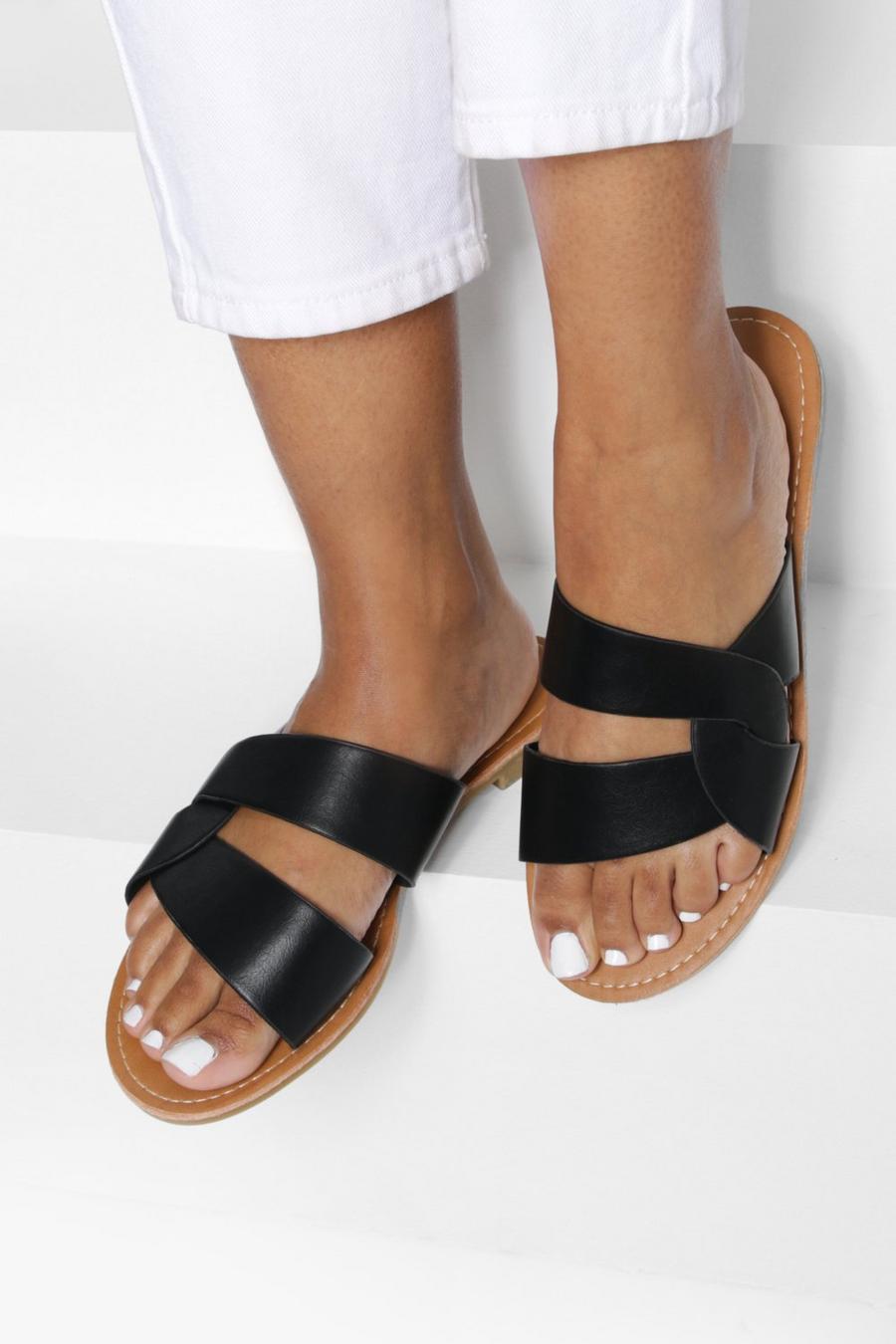 Black Wide Fit Cross Over Detail Basic Sandals image number 1
