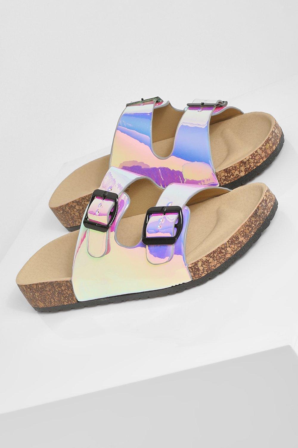 Double buckle best sale iridescent slide sandals