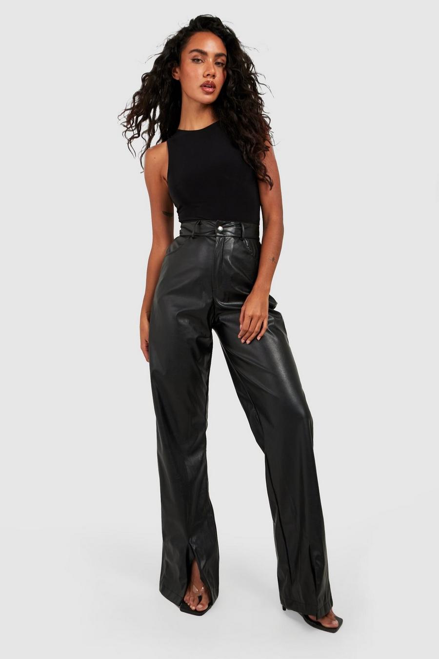 Black High Waisted Split Hem Faux Leather Wide Leg Pants image number 1