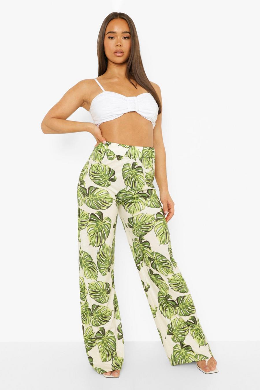 White Palm Print Wide Leg Trousers image number 1