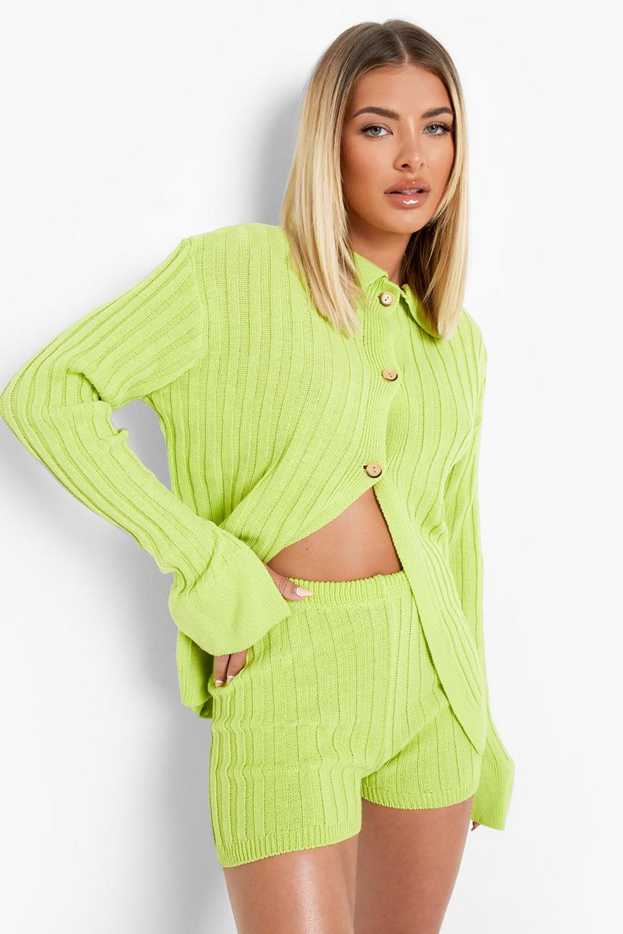 Lime Rib Knit Cardigan And Shorts Co-ord image number 1
