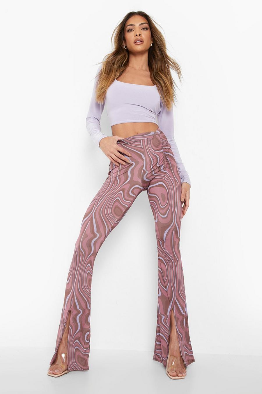 Chocolate Marble Print Ruched Slinky Split Flares image number 1