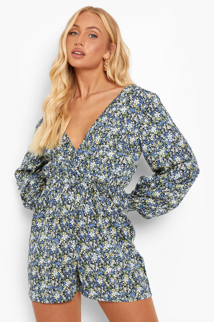 Navy Floral Baloon Sleeve Wrap Playsuit image number 1