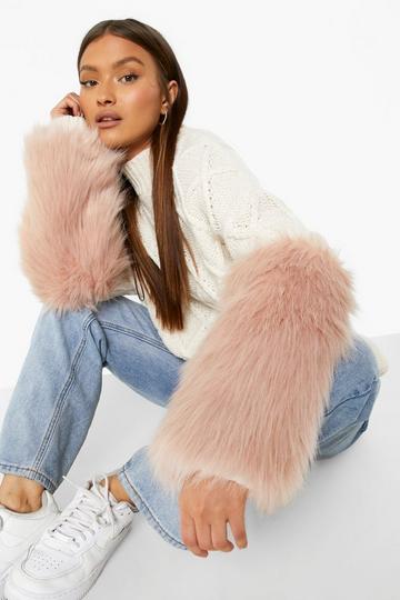 Faux Fur Sleeve Cable Knit Sweater taupe