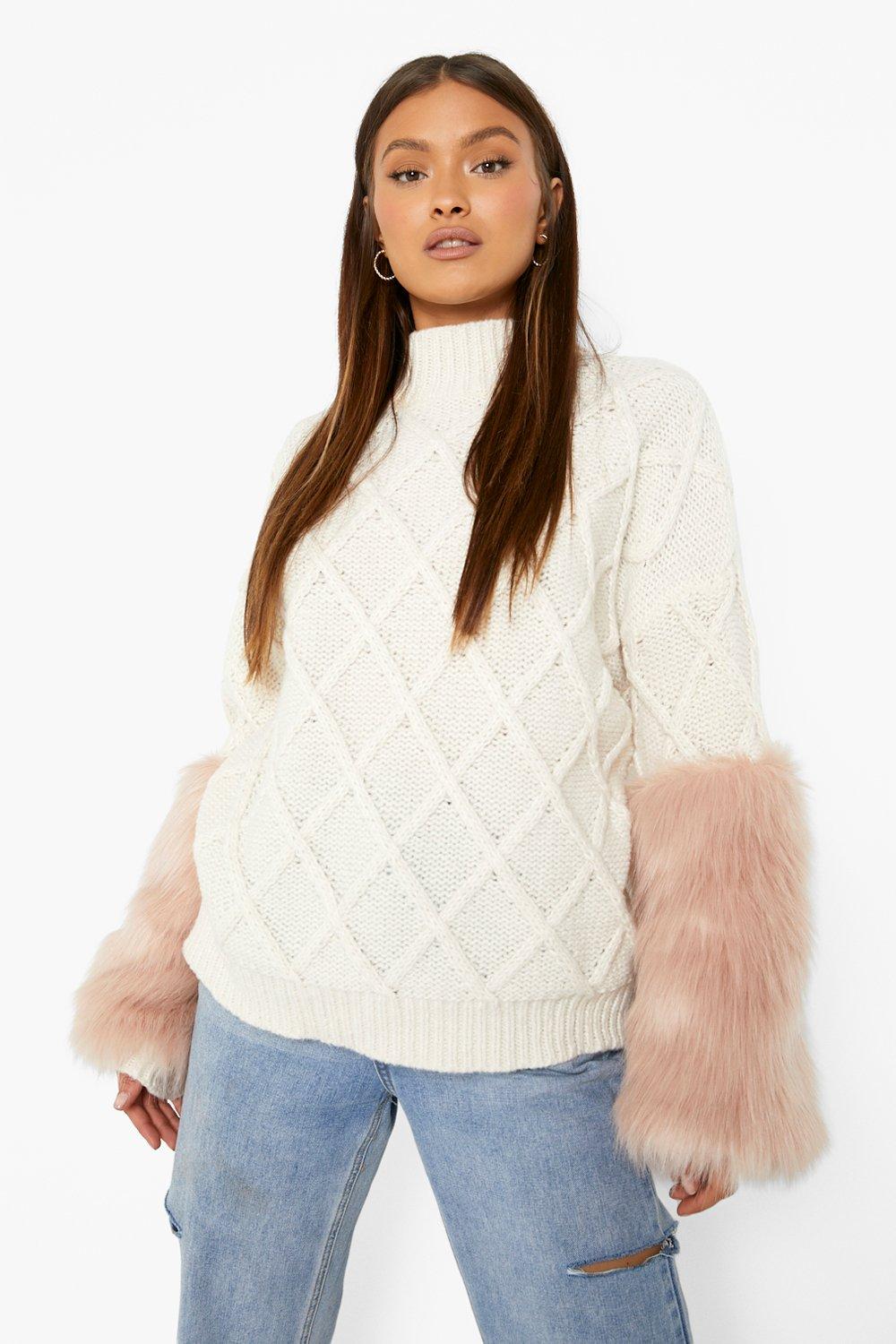 Faux Fur Sleeve Cable Knit Sweater