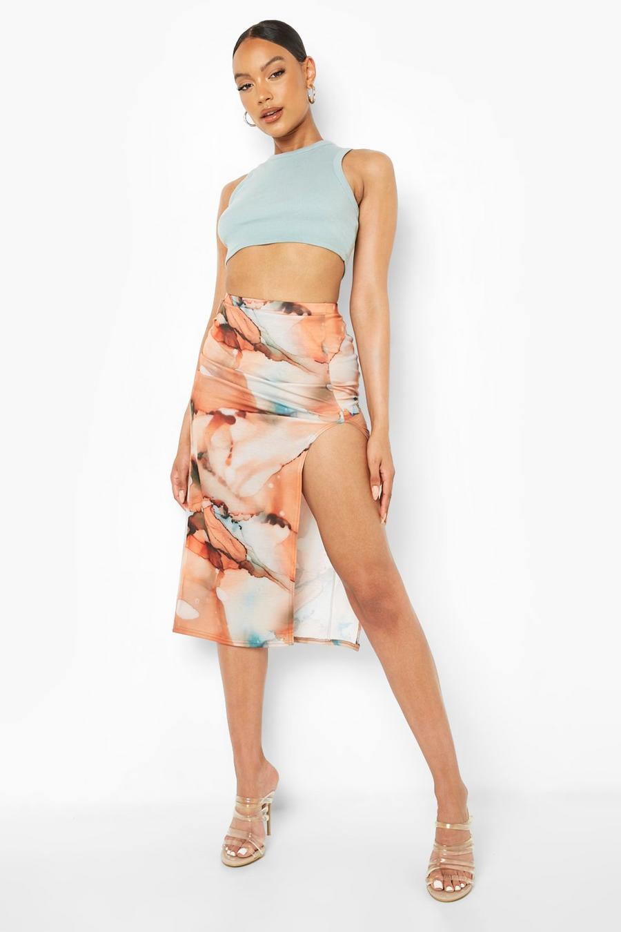 Brown Marble Print High Split Jersey Knit Midi Skirt image number 1