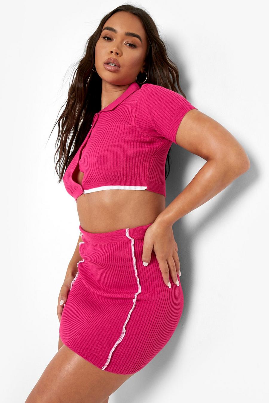 Hot pink Seam Detail Knitted Co-ord image number 1