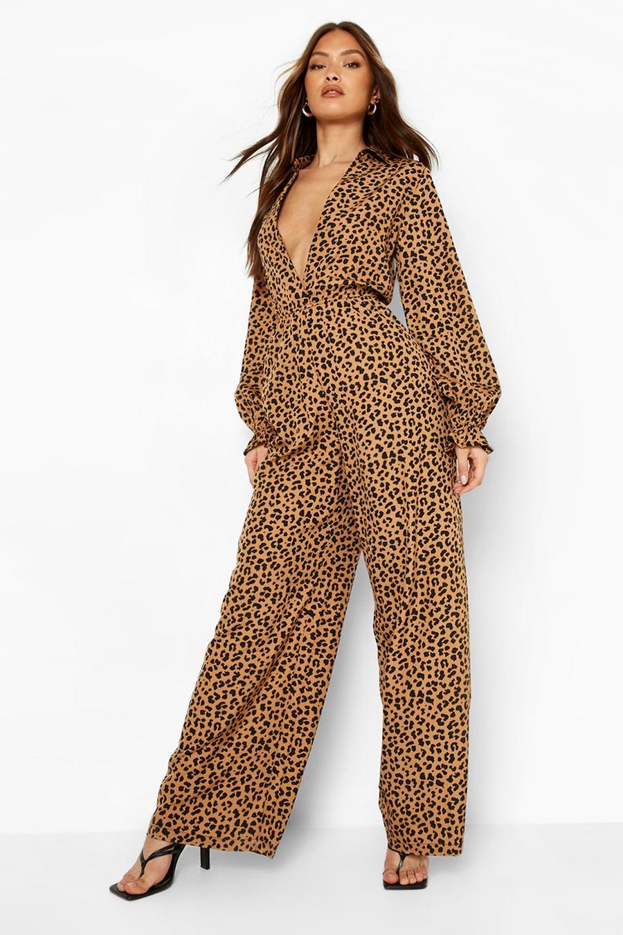 Chocolate Animal Print Frill Cuff Wide Leg Jumpsuit image number 1