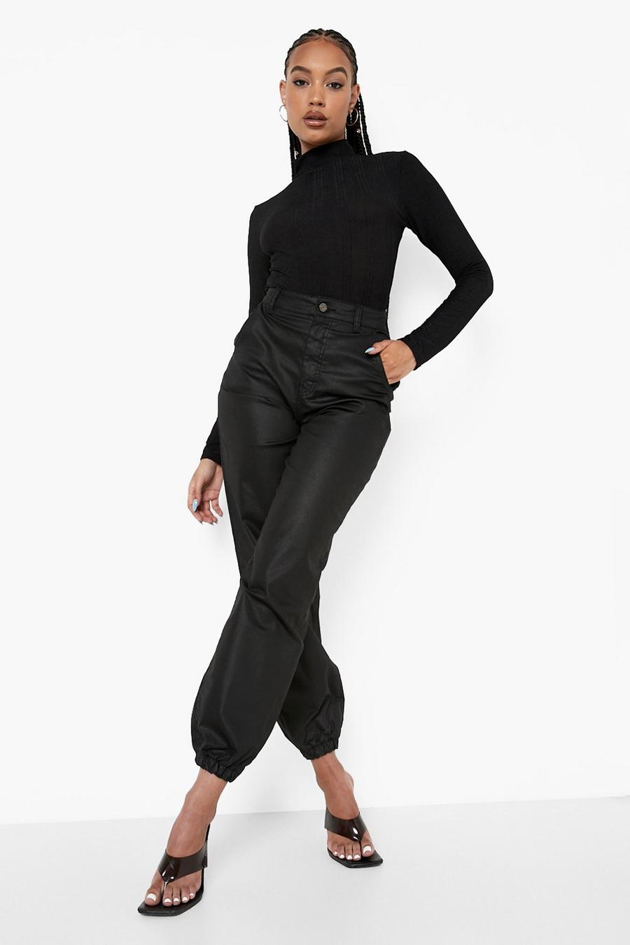 שחור מכנסי טרנינג High Waist מבד ג'ינס מצופה image number 1