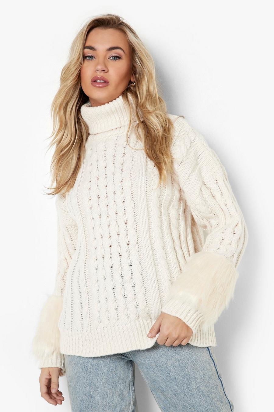 Cream Faux Fur Cuff Cable Knitted Jumper image number 1