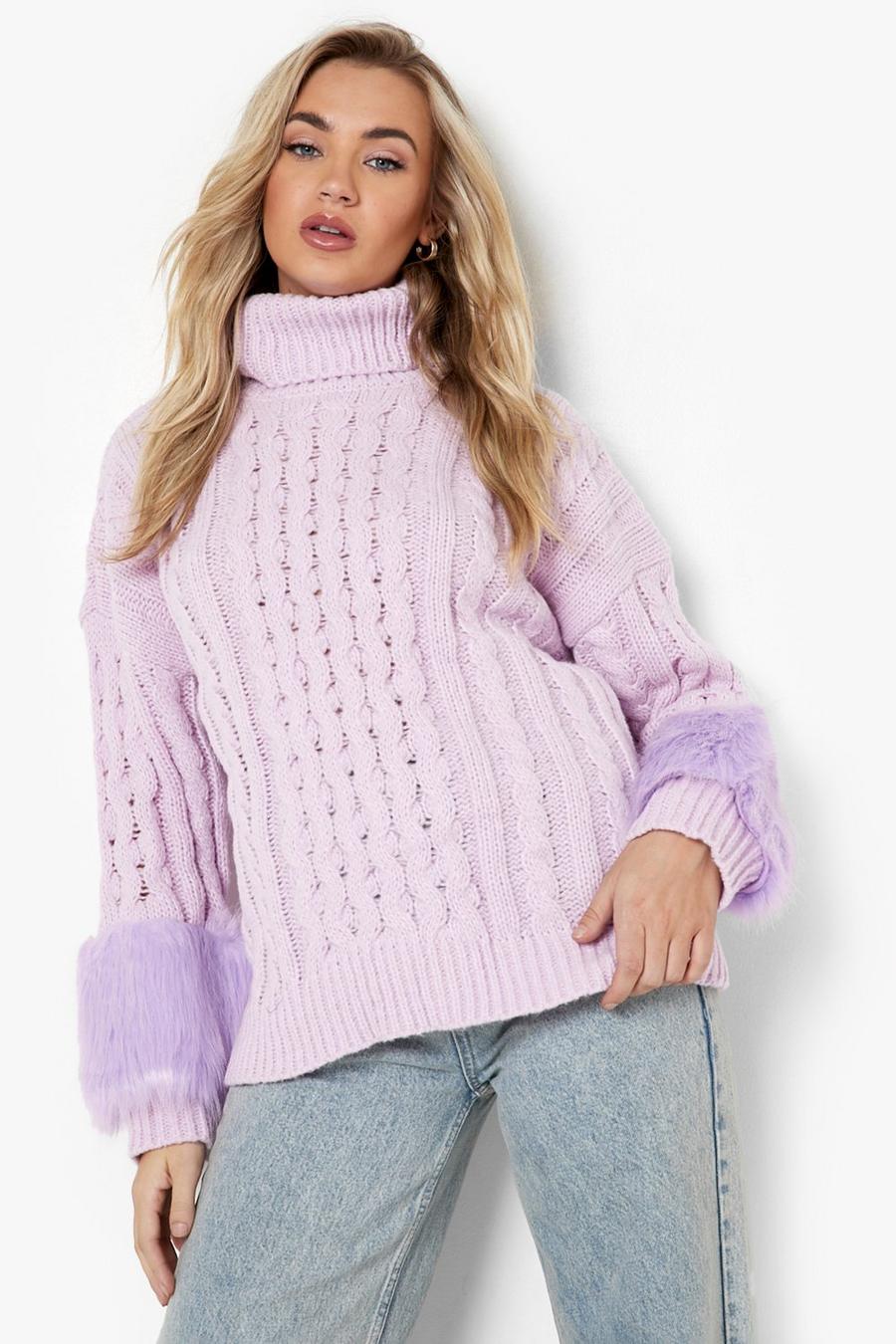 Lilac Faux Fur Cuff Cable Knit Sweater image number 1