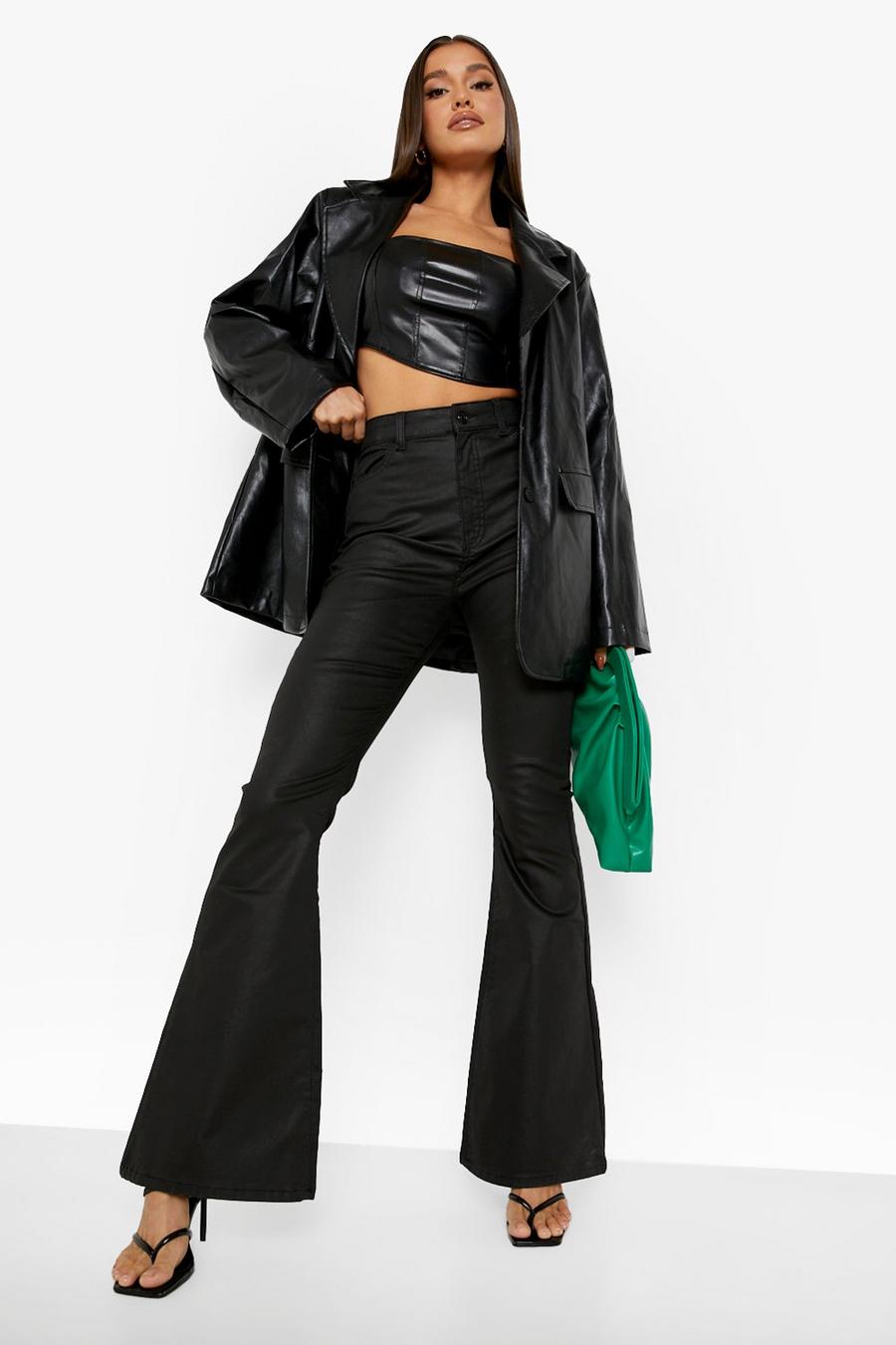Black Leather Look High Waist Flared Jeans