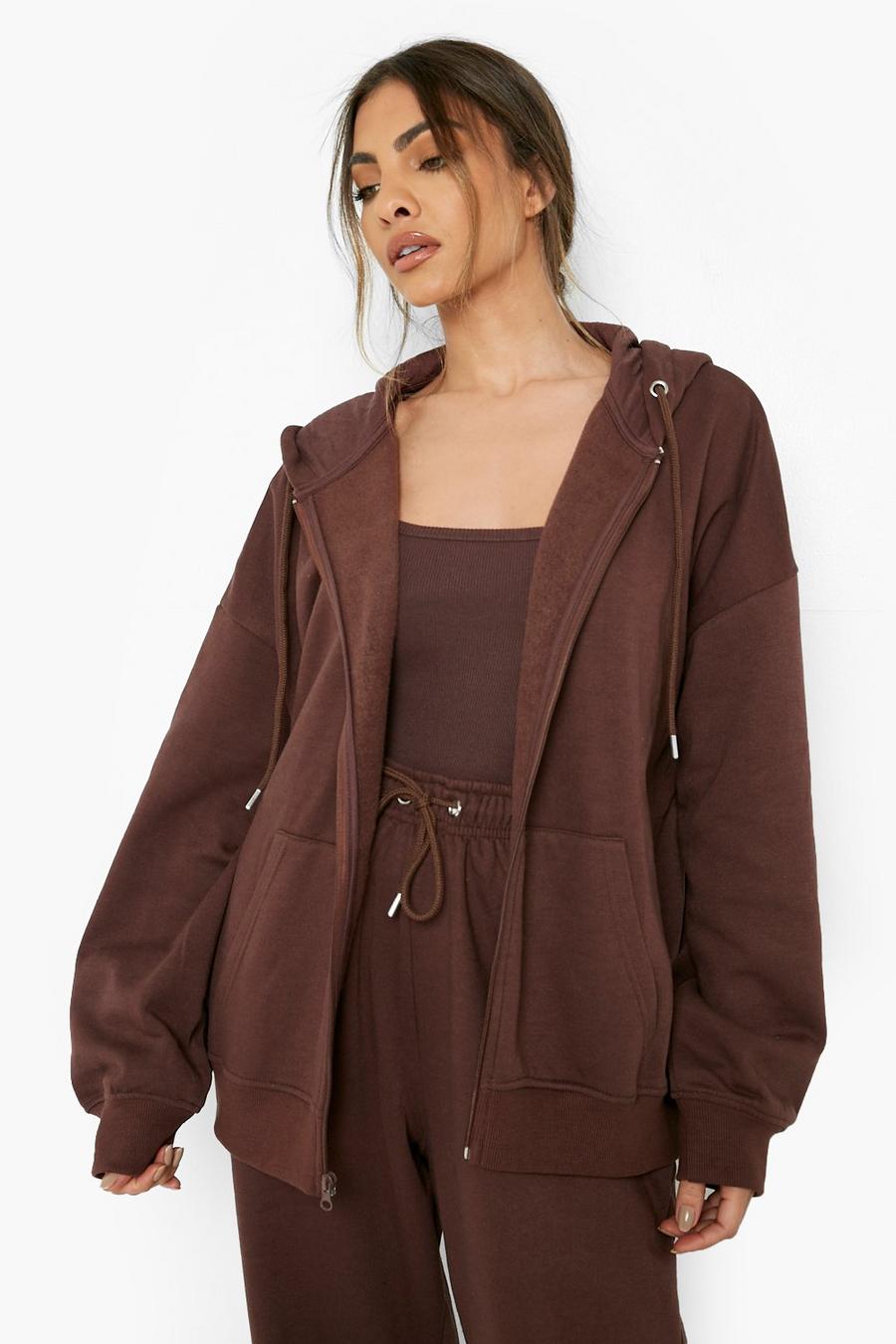 Chocolate brown Recycled Oversized Zip Through Hoodie